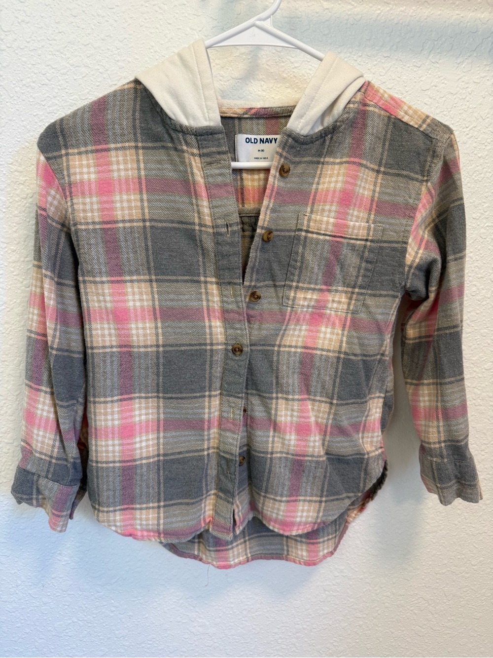 Old Navy Gray and Pink Plaid Hooded Button-Down Shirt